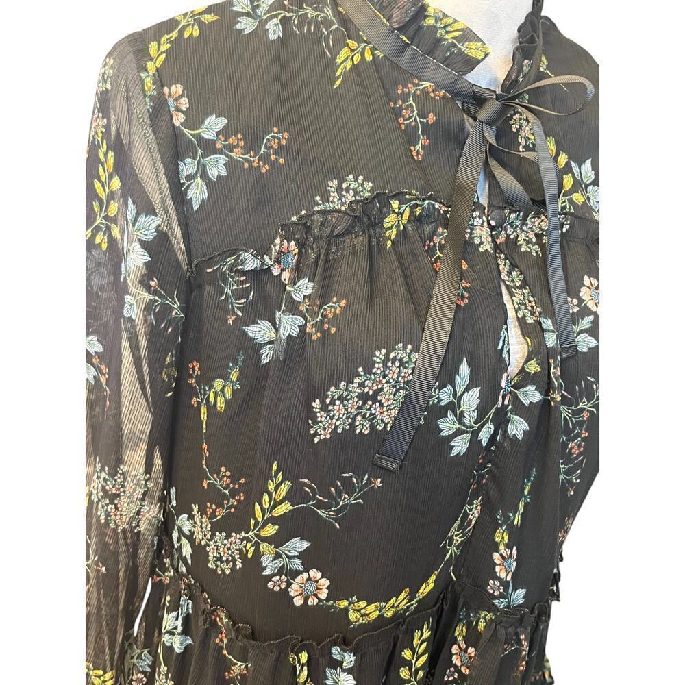 Who What Wear Tiered Dress Womens Small Black Floral Chiffon Above Knee Tie Neck - Picture 8 of 9